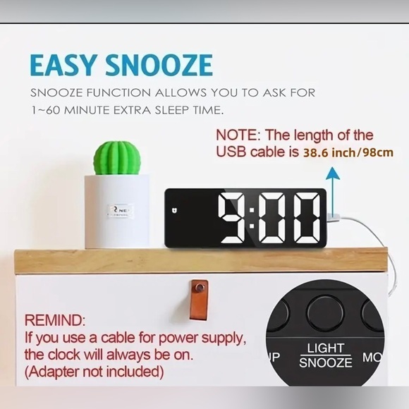 NIB thin mirrored/white digital clock/alarm with date/temp/dim features. - Picture 4 of 12